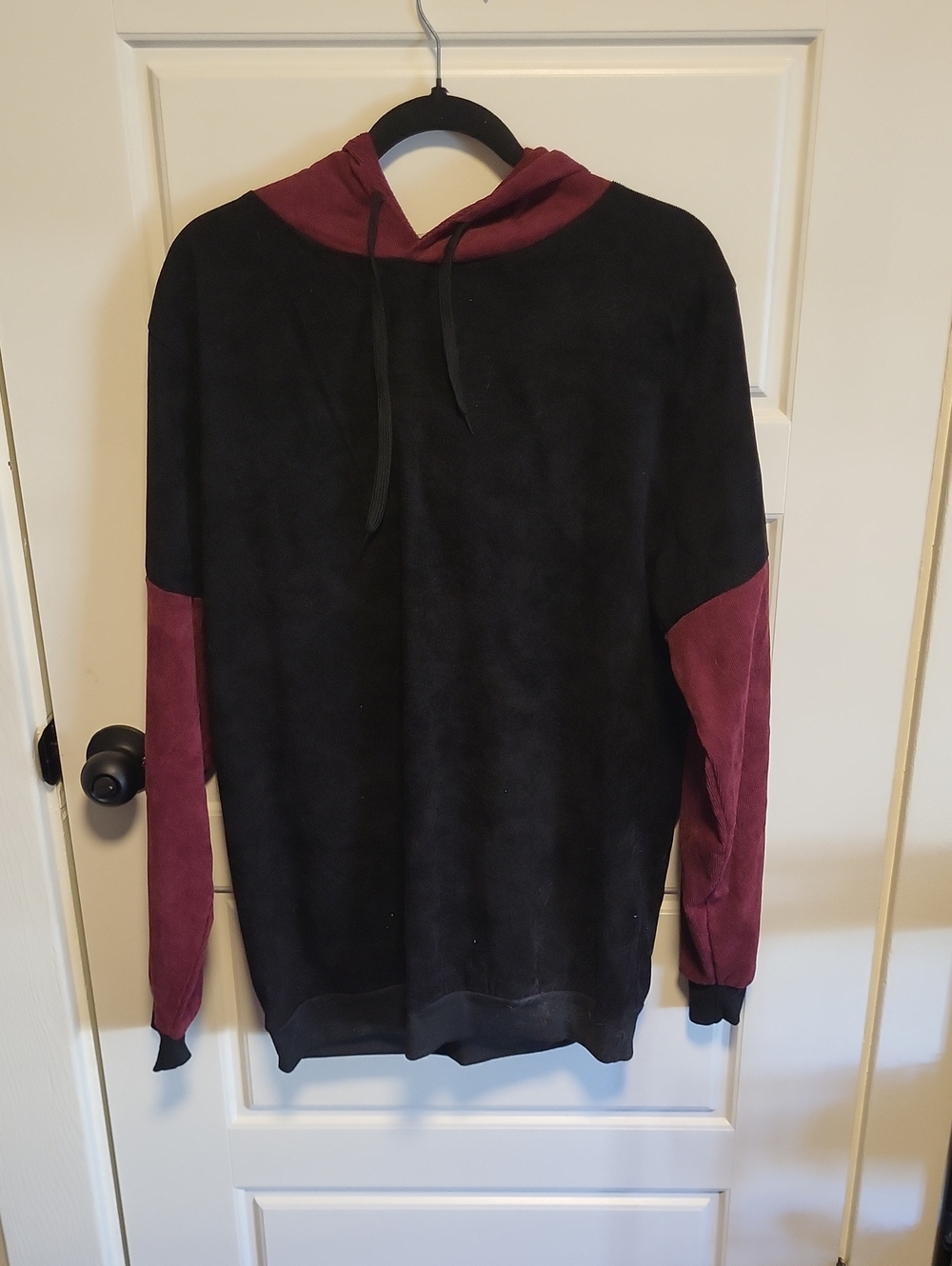 Men's Black Pullover Hoodie with Burgundy Hood & Sleeve Panels